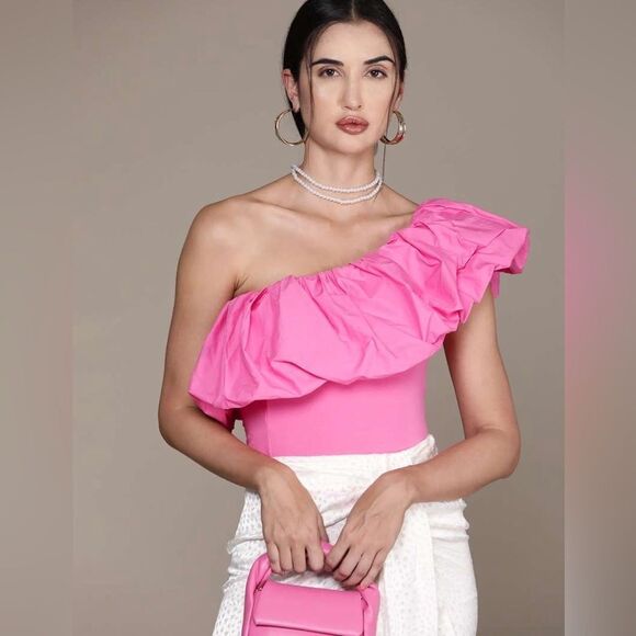 Mango pink asymmetric bodysuit with voluminous ruffle - Picture 3 of 8